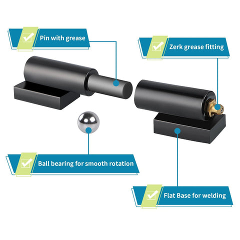 Barrel gate hinge set, 7-inch, four-piece, black steel with flat welding base and ball bearing for smooth rotation