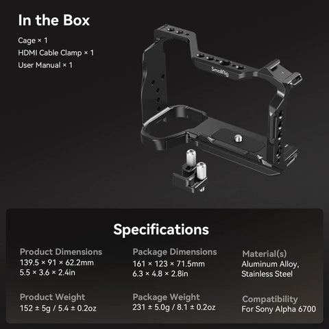 Cage Kit for Sony A6700 With HDMI Cable Clamp And Built In Quick Release Plate Arca Type Rig for filmmaking, aluminum alloy.