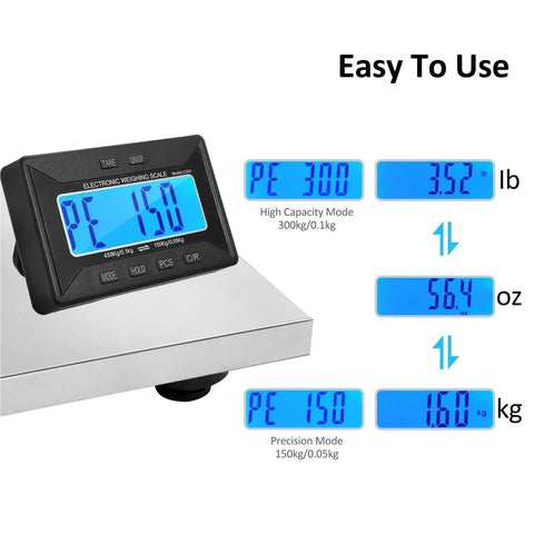 Commercial Grade Digital Shipping Scale With Wireless Display And Bullyproof Stainless Steel Platform 992 Lb Heavy Duty Postal Scale showing LCD readings.