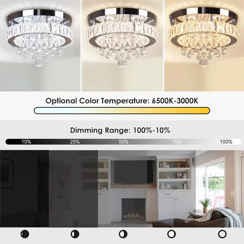 Dope Crystal Chandelier LED Ceiling Light color temperature and dimming range display in living room setting