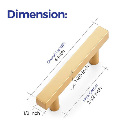 5 Pack Brass Champagne Gold Square Cabinet Pulls For Kitchen Cabinets And Drawers, 4 Inch Overall Length, 1/2 Inch Width, dimensions shown