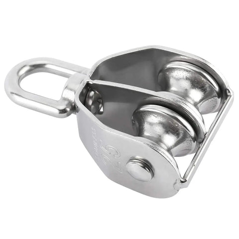 M25 Double Pulley Block Kit With 2 M8 Carabiners, 304 stainless steel swivel pulley for lifting and cable loading, close-up view