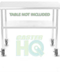 Heavy Duty Four Inch Caster Wheels With Quick Click Total Locking Brakes Fitting One Point Five Inch Id Leg Pipe For Smooth Rolling Nsf Certified Kitchen Prep Table Boost mounted on a prep table.