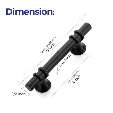 Diagram showing 5-inch matte black cabinet pull with round base, 30 pack, 3-inch center to center hole spacing, sleek design.