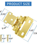 50 Pack Of 25 Pairs One Half Inch Overlay Self Closing Cabinet Hinges In Tough As Nails Polished Brass Gold Finish showing size dimensions and screws.