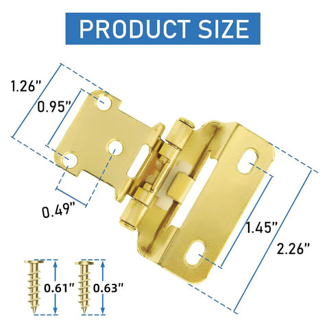 50 Pack Of 25 Pairs One Half Inch Overlay Self Closing Cabinet Hinges In Tough As Nails Polished Brass Gold Finish showing size dimensions and screws.