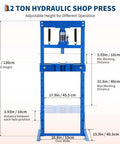 Top Shelf 12 Ton H Frame Hydraulic Shop Press With Height Adjustable Table And Removable Plates, 51.1 in tall, blue finish.