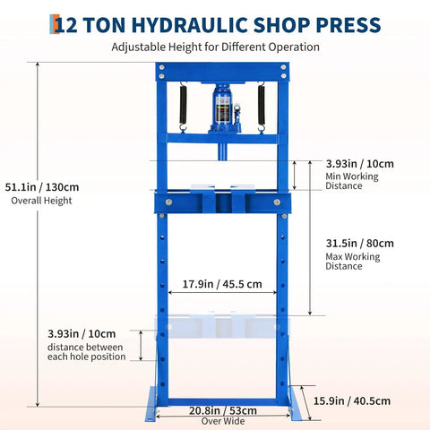 Top Shelf 12 Ton H Frame Hydraulic Shop Press With Height Adjustable Table And Removable Plates, 51.1 in tall, blue finish.