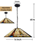 Tiffany Style Stained Glass Pendant Light Fixture, 16 Inch Wide Hanging Lamp With Two Lights, Mission Antique Pendant Lighting For Dining Room, Kitchen And Bedroom, Vintage Glow For Cozy Spaces.