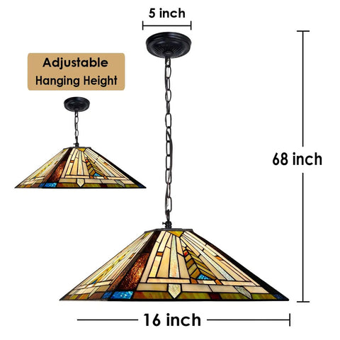 Tiffany Style Stained Glass Pendant Light Fixture, 16 Inch Wide Hanging Lamp With Two Lights, Mission Antique Pendant Lighting For Dining Room, Kitchen And Bedroom, Vintage Glow For Cozy Spaces.
