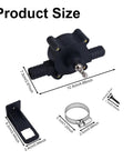 Electric Drill Powered Water Transfer Pump Kit with dimensions, showing size of self-priming pump for home and farm use.