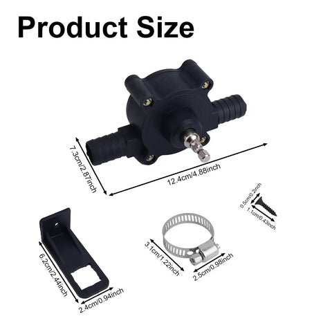 Electric Drill Powered Water Transfer Pump Kit with dimensions, showing size of self-priming pump for home and farm use.