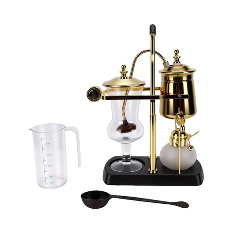 Artisan Manual Siphon Coffee Maker Featuring Sturdy Heatproof Glass Carafe with measuring cup and spoon on counter.