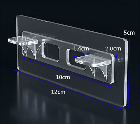 Transparent self adhesive shelf brackets with dimensions, punch free no drill shelf supports, double row design, heavy duty clips.