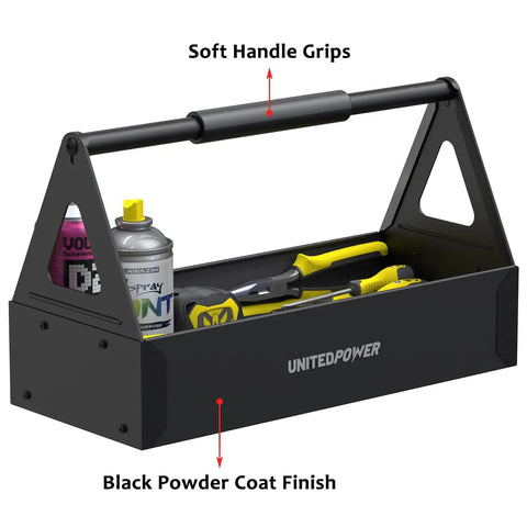 Grippy Handle Metal Tool Tray Portable Tote For Home Garage Warehouse And Shop Easy Tool Organization Durable Black Metal Storage Tray For Wrenches Screwdrivers And Small Parts with visible tools inside.