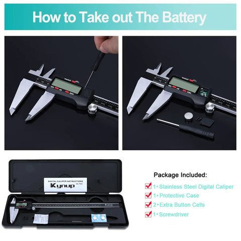 12 Inch Digital Caliper With Stainless Steel Body Large LCD Screen Auto Off Three Unit Readouts Inch Millimeter Fraction Conversion Vernier Caliper For DIY Pros In Metalworking Automotive And Jewelry Making showing battery removal.