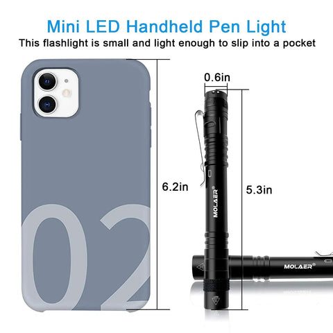 Ultra Bright Pen Light Flashlight 2 Pack with Clip next to phone for size comparison, showing compact design