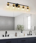 Mid Century Modern Bathroom Vanity Light Fixture With Clear Globe Glass Shades Five Light Black And Brass Gold Wall Sconce Over Mirror 36 Inch Vintage Style Bath Lighting Bulbs Not Included