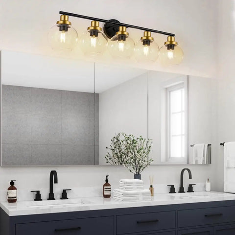 Mid Century Modern Bathroom Vanity Light Fixture With Clear Globe Glass Shades Five Light Black And Brass Gold Wall Sconce Over Mirror 36 Inch Vintage Style Bath Lighting Bulbs Not Included
