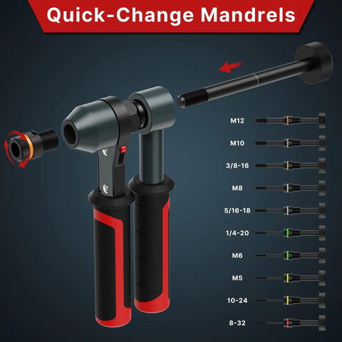 Rivet Nut Tool Kit With Ratcheting Mechanism And Quick Change Mandrels For Fast Installations Includes 10 Metric And SAE Mandrels