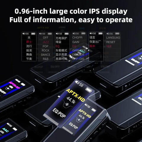 Close-up of BTR13 Bluetooth Headphone Amplifier showing 0.96-inch IPS display and menu options.