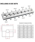 8 die sets for Heavy Duty Hydraulic Crimping Tool 5 To 8 Ton For Home DIY Wire Lug Pliers Crimp with size specifications.