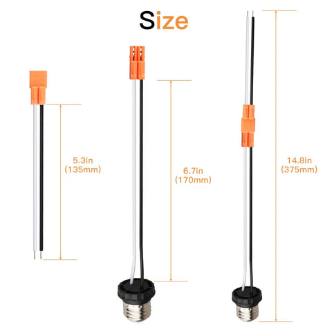 Six Pack E26 Light Socket Adapter Pigtail For LED Ceiling Downlights showing three sizes with orange connectors and black base