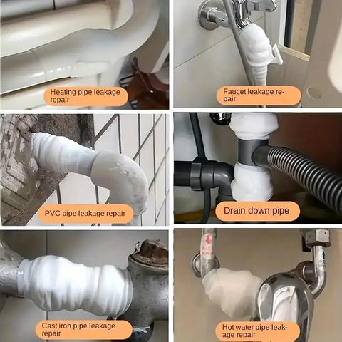 Image showing Instant Self Fusing Leak Repair Tape for kitchen and plumbing, applied on various pipe leaks in different scenarios.