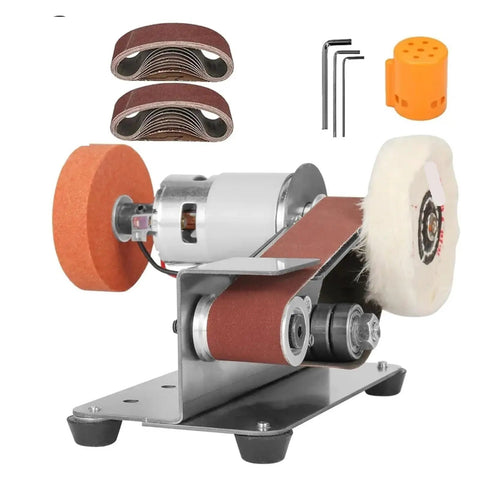 Compact Mini Belt Sander Machine For DIY Knife Sharpening And Polishing with sanding belts and polishing wheel.