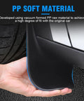 Custom Fit Splash Shields For Tesla Model Y 2020 To 2024 showing soft PP material in hand, showcasing durability and fit.