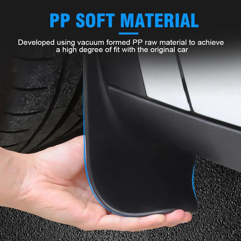 Custom Fit Splash Shields For Tesla Model Y 2020 To 2024 showing soft PP material in hand, showcasing durability and fit.