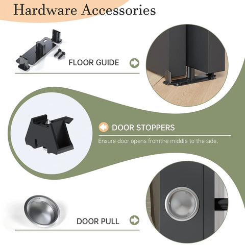 Hardware accessories for Bypass Double Sliding Pocket Door Hardware Kit 4ft Aluminum Track For 2 Door System, including floor guide, door stoppers, and pull.
