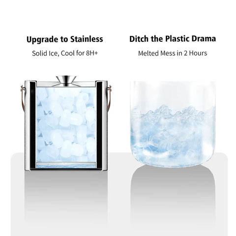 Double Wall Vacuum Insulated Ice Bucket With Lid, Scoop, Ice Tong, Strainer And Leather Handle, frozen vs melted ice comparison
