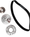 Hardcore Billet Gilmer Belt Drive Pulley Kit For Small Block Chevy 283 305 327 350 383 400 featuring chrome belt and pulleys.