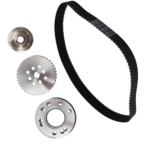 Hardcore Billet Gilmer Belt Drive Pulley Kit For Small Block Chevy 283 305 327 350 383 400 featuring chrome belt and pulleys.