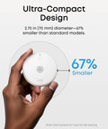 Ultra Slim Smoke Detector With Dead Simple Setup And Ul Certified Safety That Crushes False Alarms To Keep Your House Safe And Secure Without Any Hassles Or Headaches, held in hand, 2.75 in diameter.