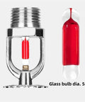 Eight Pack Heavy Duty Fire Sprinkler Heads 3 4 Inch Dn20 Solid Brass Chrome Plated 68 Degree Automatic Heat Trigger Built Different Top Tier Upward Ceiling Mount Setup image showing a glass bulb and sprinkler head.
