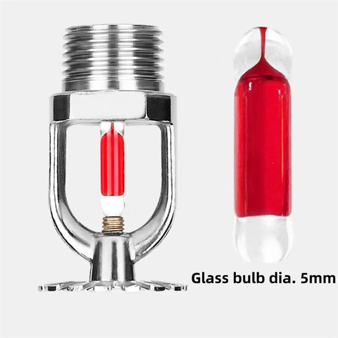 Eight Pack Heavy Duty Fire Sprinkler Heads 3 4 Inch Dn20 Solid Brass Chrome Plated 68 Degree Automatic Heat Trigger Built Different Top Tier Upward Ceiling Mount Setup image showing a glass bulb and sprinkler head.