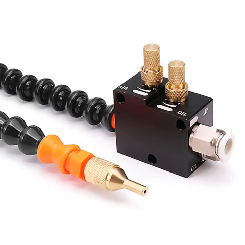 Heavy Duty Acid Resistant Coolant Sprayer With Adjustable Nozzle And Slick Mist Setup For Drill Presses and Workshop Lubrication showing black sprayer body with gold knobs.