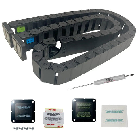 Flexible Under Desk Cable Raceway for Sit Stand Desks, Sleek S Shaped Channel in black, with installation kit and components.