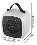 Tiny But Mighty Compact Ceramic Space Heater 500W For Home And Office Quiet Desk Heater with handle, size dimensions shown.