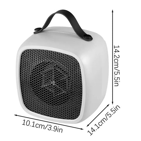 Tiny But Mighty Compact Ceramic Space Heater 500W For Home And Office Quiet Desk Heater with handle, size dimensions shown.