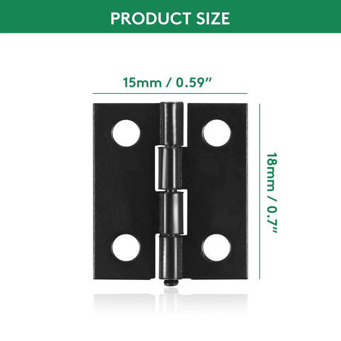Black hinge 18x15mm shown in close-up, part of 50 Pcs Mini Black Hinges For Wooden Boxes With 240 Replacement Screws DIY kit