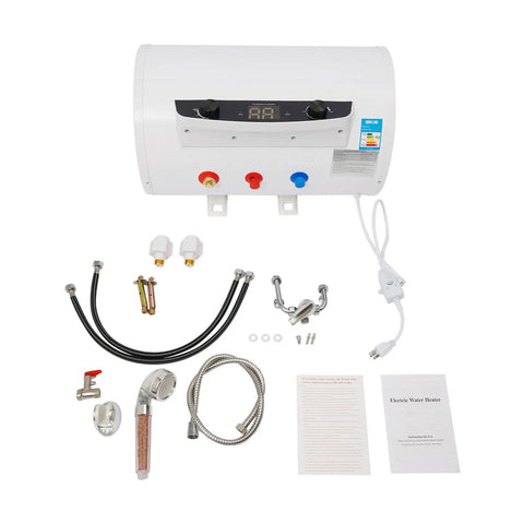 35 Liter Electric Water Heater 9 Point 25 Gallon Roomy Tank 1500 Watt components including hoses, fittings, and user guide.