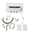 Wall Mounted Electric Tank Water Heater Boasts Kickin Hot Water Flow For Quick Showers And Cooking Tasks Featuring Fast Heating Elements And Spacious Capacity, display of heater and accessories.
