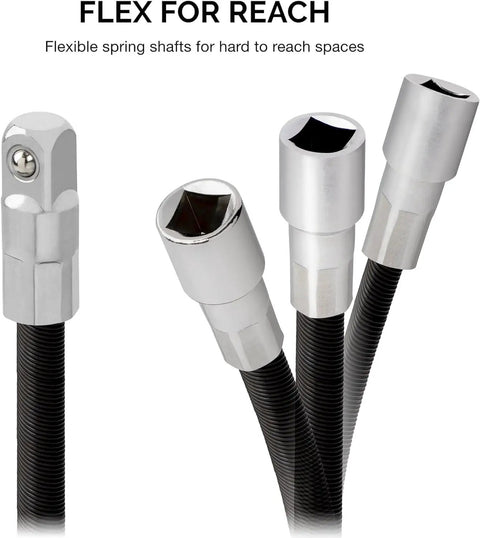 Close-up of Flexible Socket Extension Bar Set with 1/4-Inch and 3/8-Inch Drives, 2-Piece Flex Extension Tool for tight spaces.