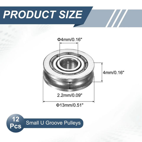 12 Pack Small U Groove Pulley Bearings 4x13x4mm For Rail Track Linear Motion Systems, product size dimensions display