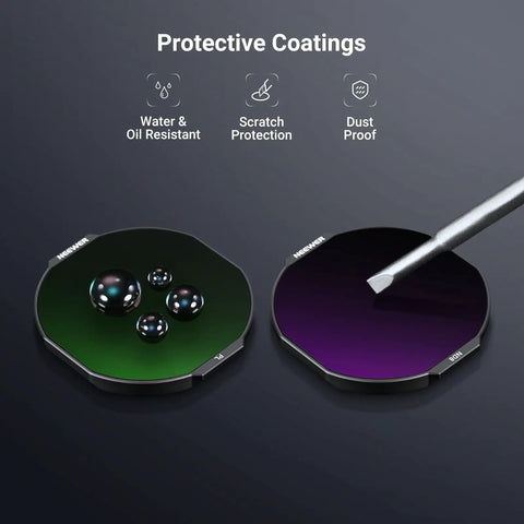 Insta360 Ace Pro 2 US Version Octagonal Lens Filter Set With ND8 ND16 ND32 And PL Polarizer demonstrating protective coatings