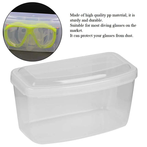 Clear Dive Mask Case And Snorkel Gear Storage Box Durable PP Plastic Dustproof Protective Container For Diving Glasses Snorkeling Masks And Accessories Rectangular Travel Friendly Organizer shown with neon green diving mask inside.