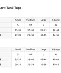 Sizing chart for women's and men's tank tops including bust, waist, and chest measurements in inches.